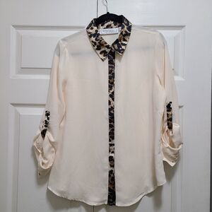 Simonton Says By George Simonton See through Leopard Print Collar Lapel Top S